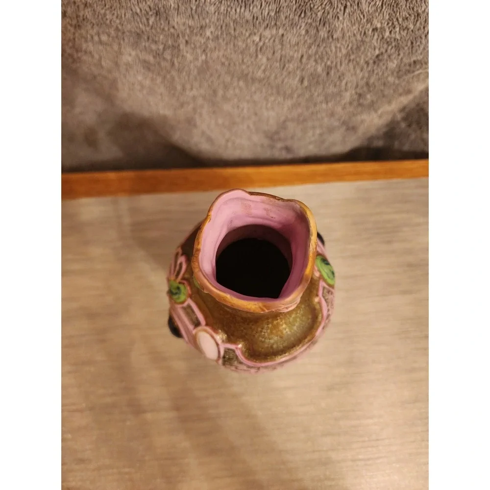 Schafer & Vater German‎ Multi - Colored Jeweled Iridescent Pottery Vase 7.25